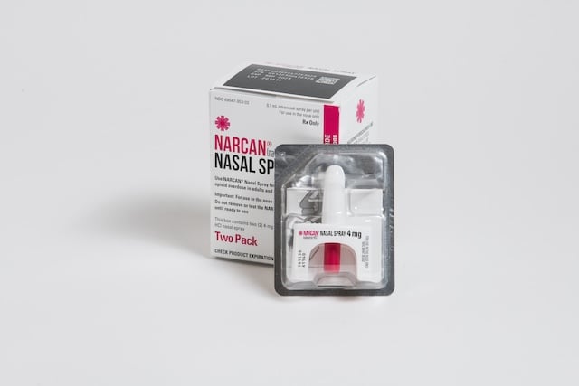 Narcan nasal spray - opioid overdose reversal medication with packaging